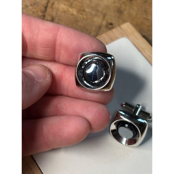 Silver & Black Round Cufflinks With Polished Finish & Swivel Backing - Picture 5 of 13